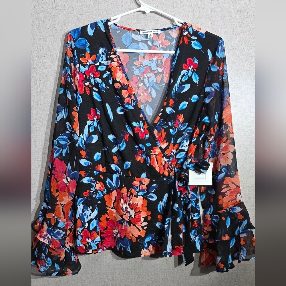 PerSeption Concept Floral Wrap Blouse - Black and Orange